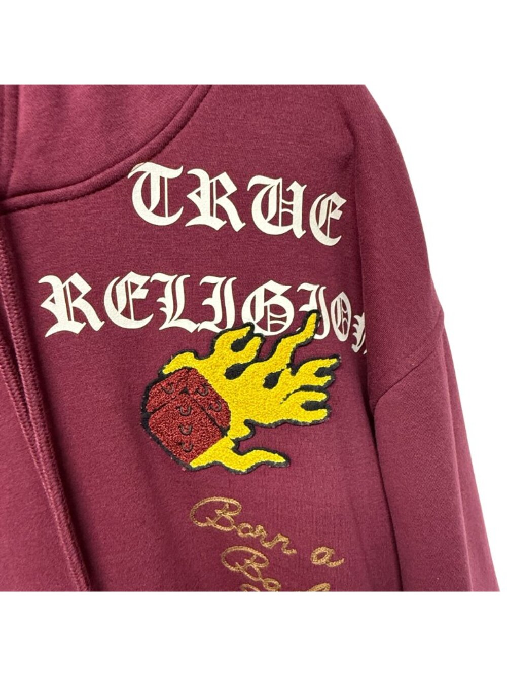 True Religion Men's Relaxed Fit Patch Graphic Hoodie Burgundy - Picture 13 of 16